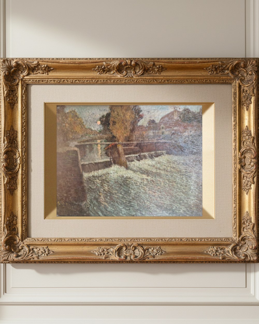 Paysage nocturne de rivière — École française, présentée encadrée