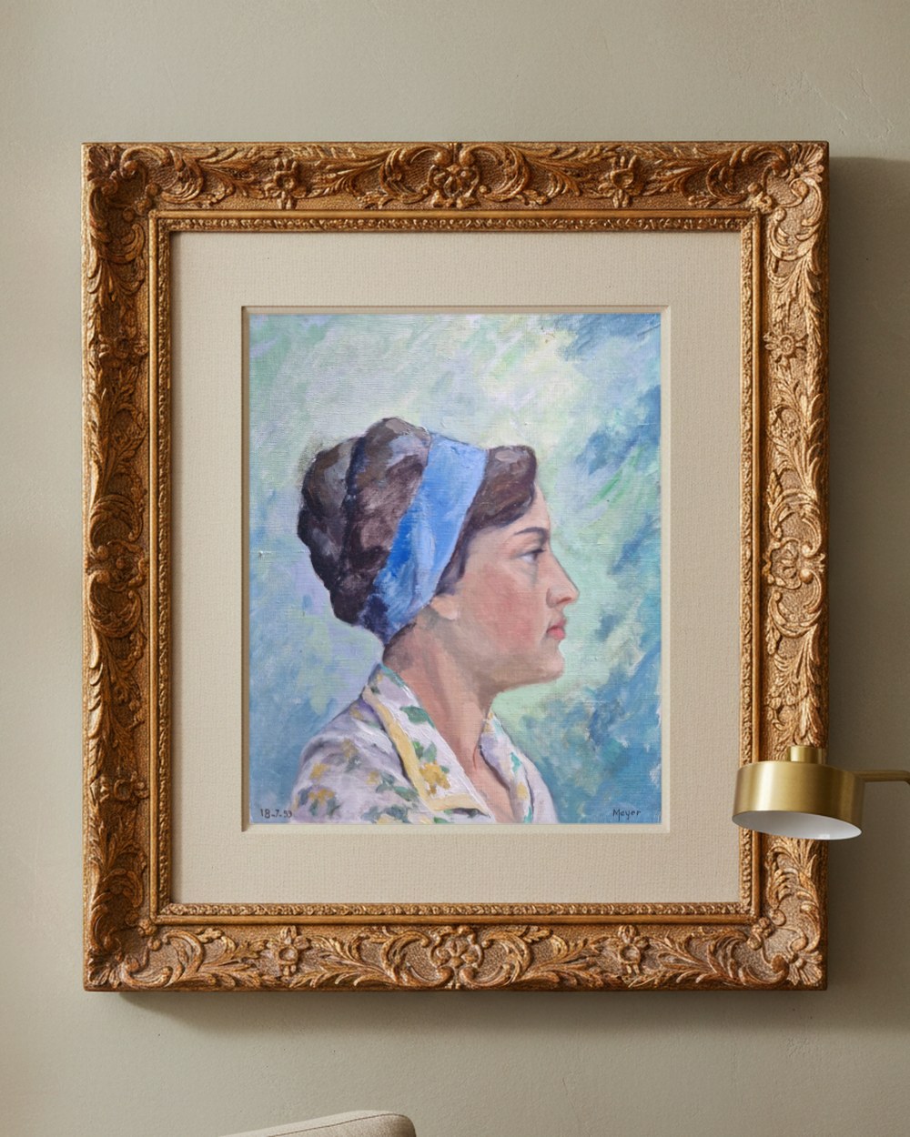 Portrait de femme au foulard bleu — Meyer, 1959, présentée encadrée