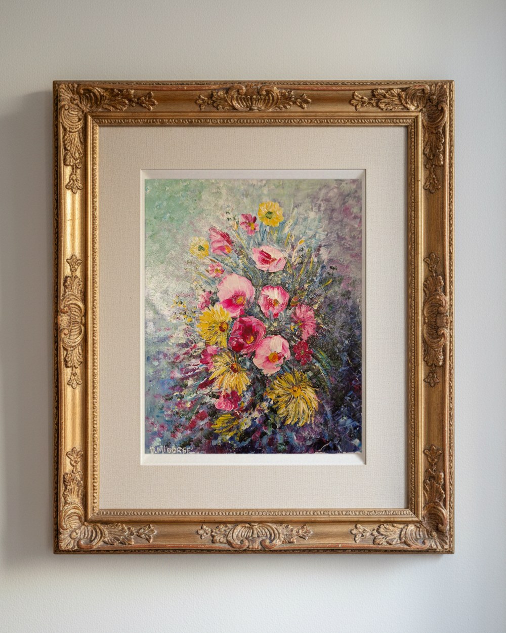 Nature morte florale — Odette Midorge, présentée encadrée