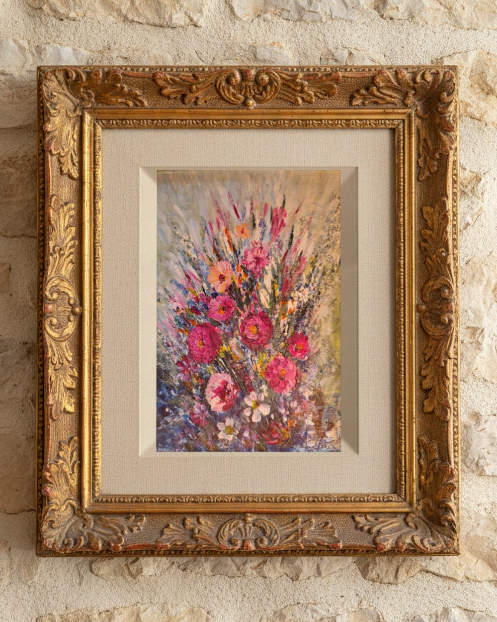 Nature morte florale encadrée — Odette Midorge, présentée encadrée